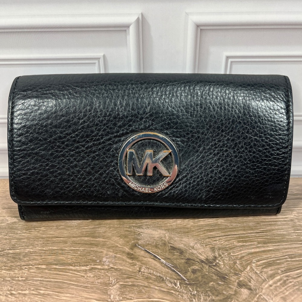Michael Kors Continental Fulton Flap Wallet Black Pebbled Leather Silver Logo - Picture 1 of 10